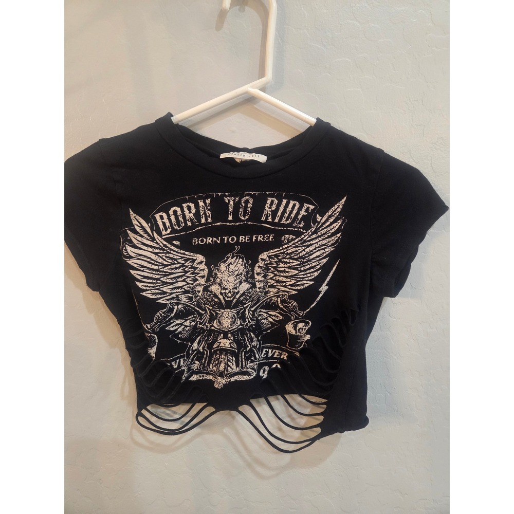 Studio 1011 Born To Ride Graphic Crop Top Distressed Black Rocker Tee XS